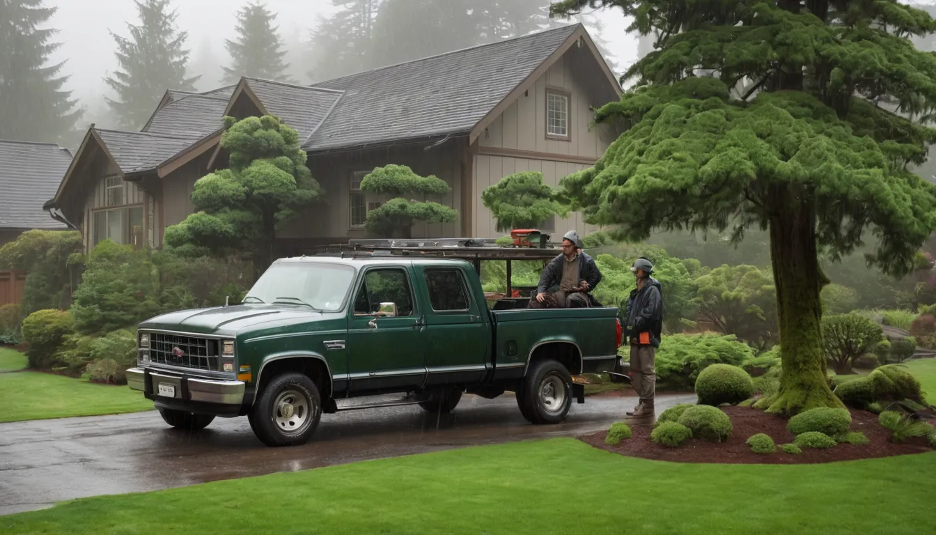 Tall evergreen trees beside a wood-frame home in Gresham on a misty morning